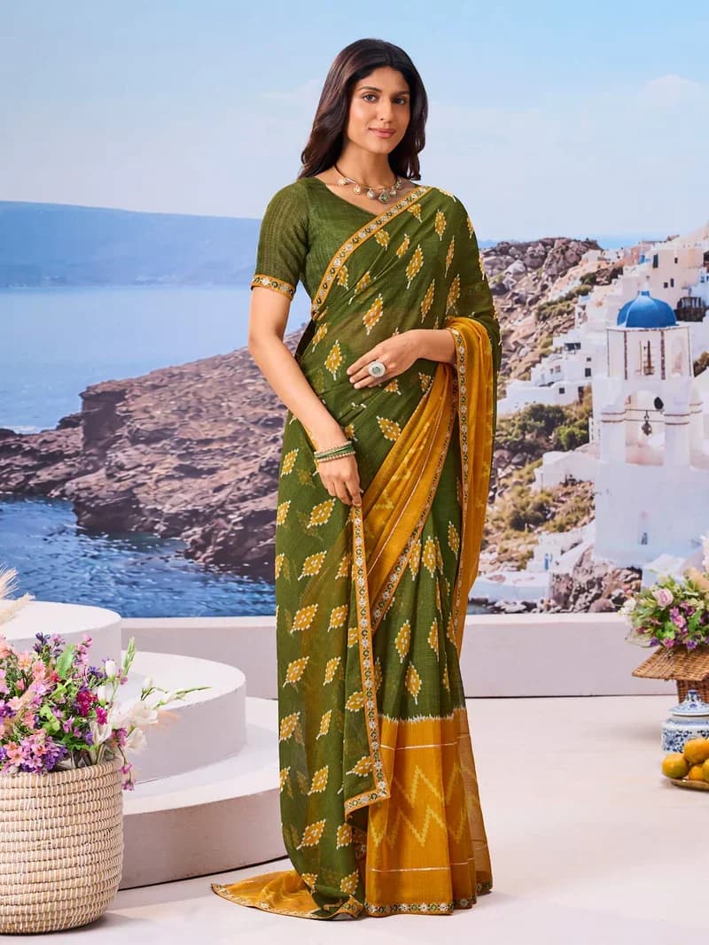 Laxmipati Green Chiffon Geometric Printed Saree 4
