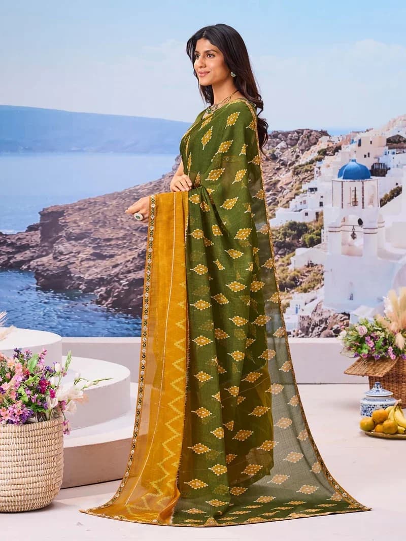 Laxmipati Green Chiffon Geometric Printed Saree 5