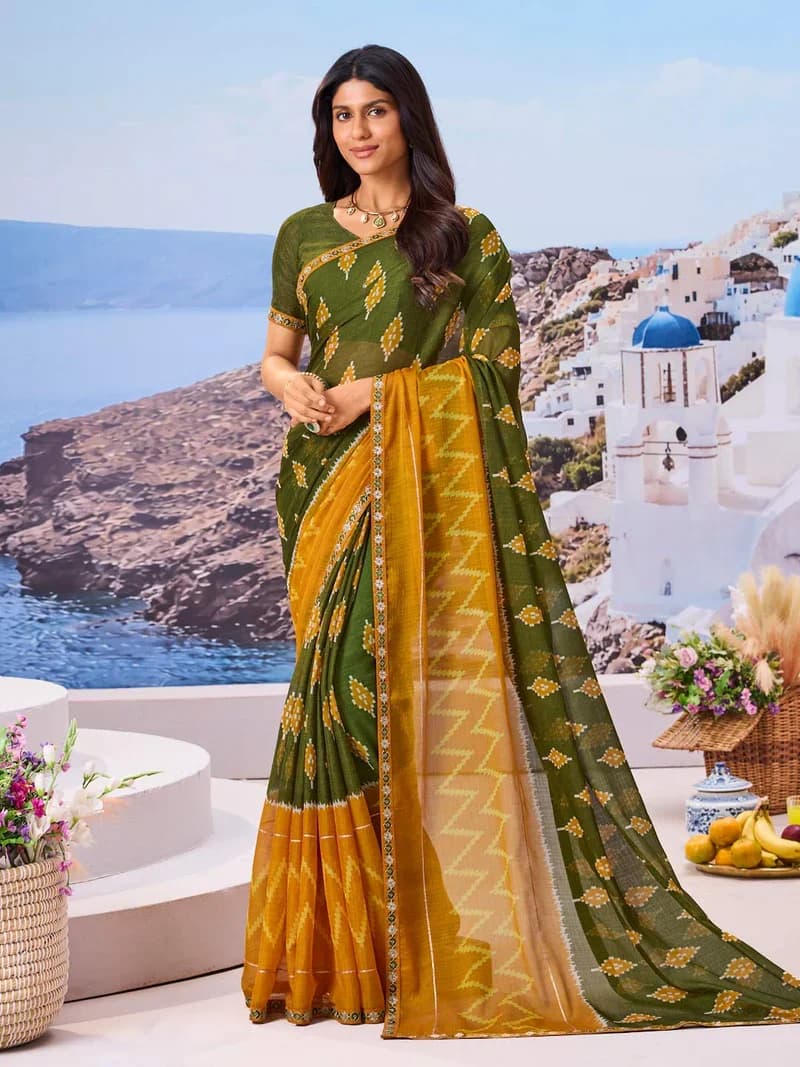 Laxmipati Green Chiffon Geometric Printed Saree 6