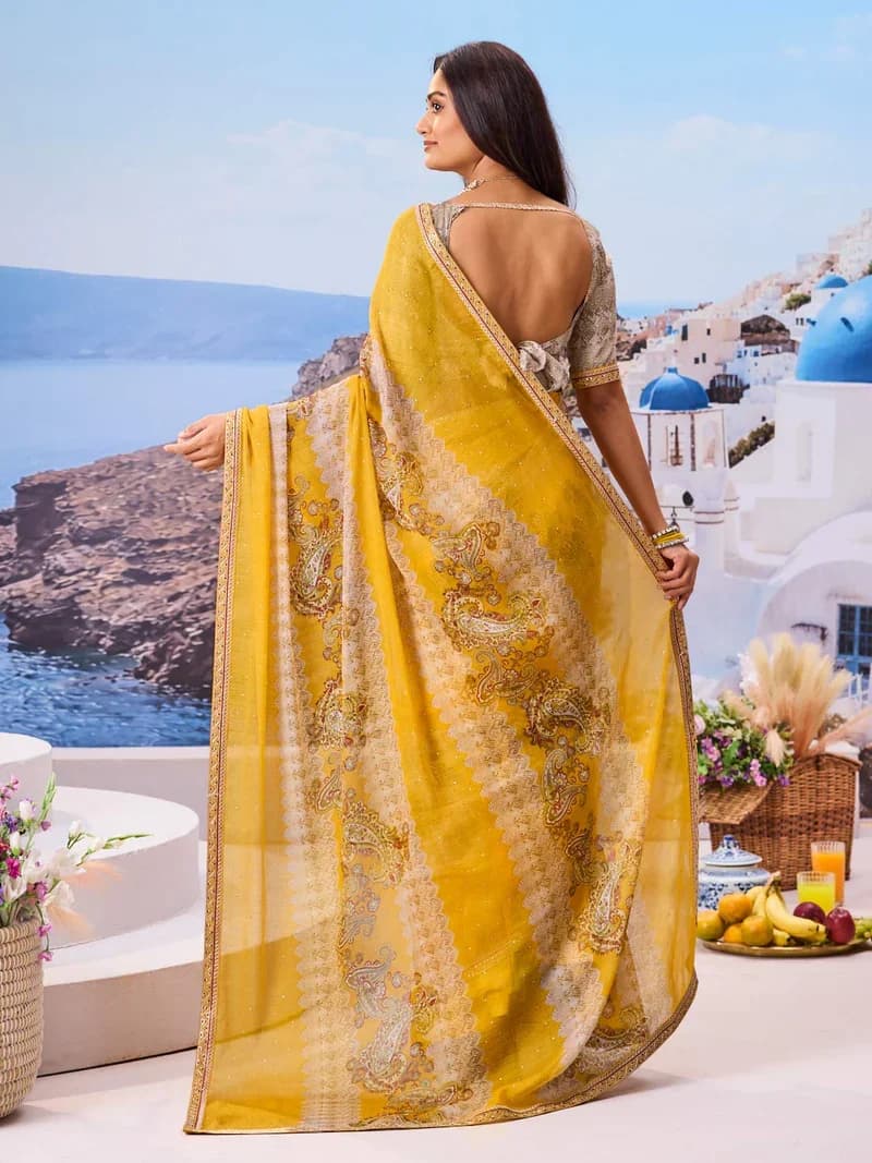 Laxmipati Yellow Chiffon Floral Printed Saree 2