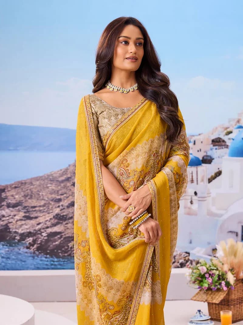 Laxmipati Yellow Chiffon Floral Printed Saree 3