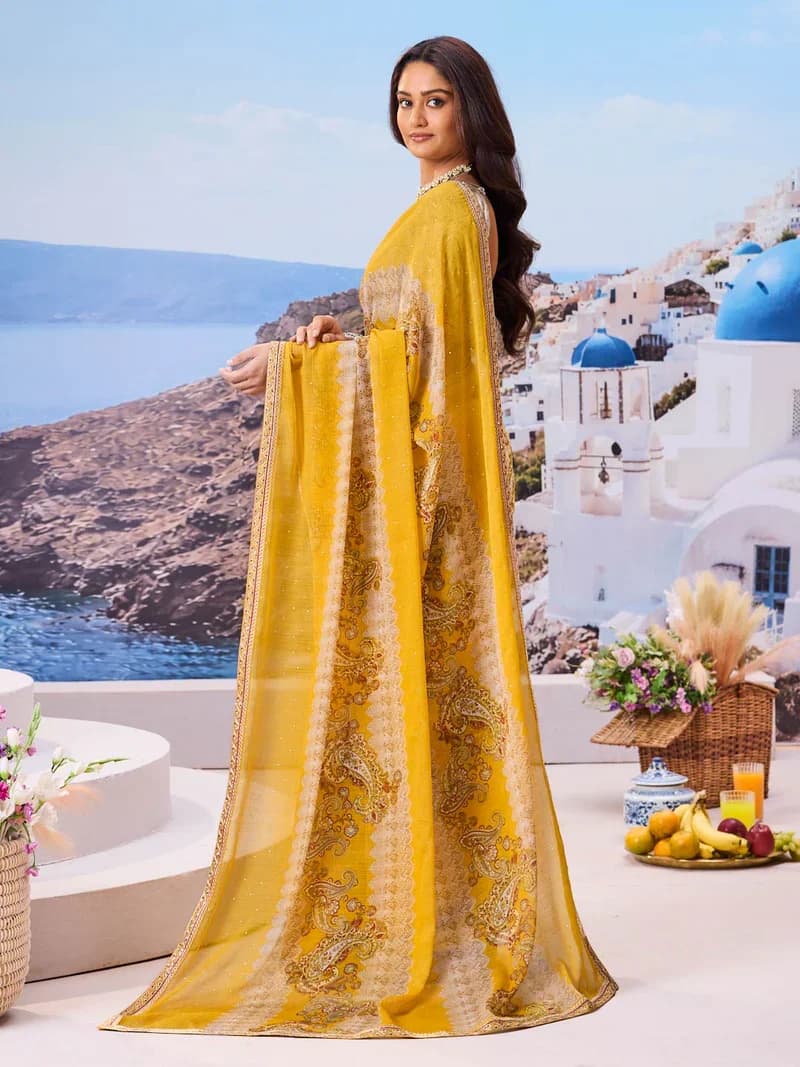 Laxmipati Yellow Chiffon Floral Printed Saree 4