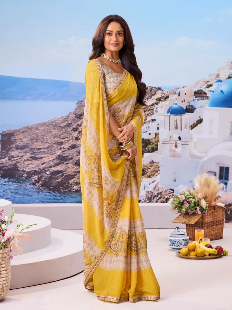 Laxmipati Yellow Chiffon Floral Printed Saree 5