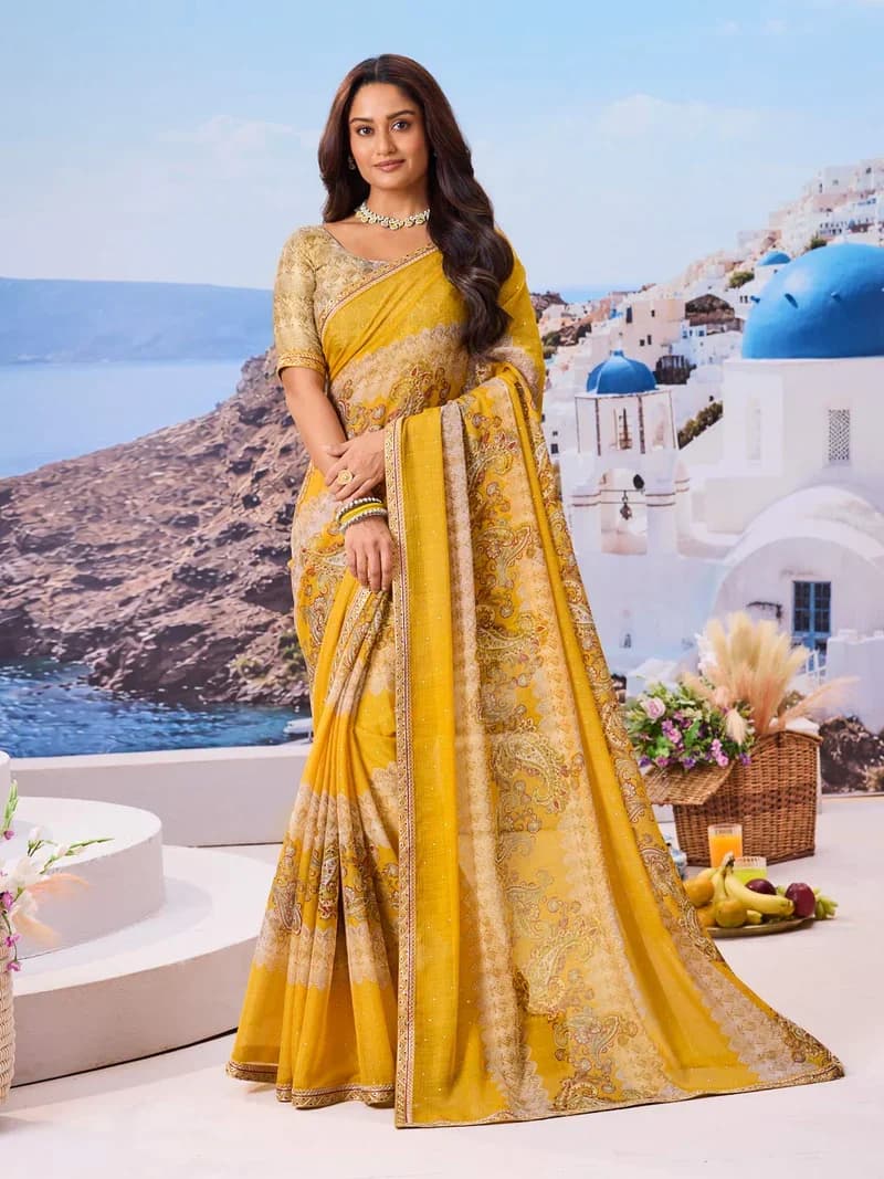 Laxmipati Yellow Chiffon Floral Printed Saree 6